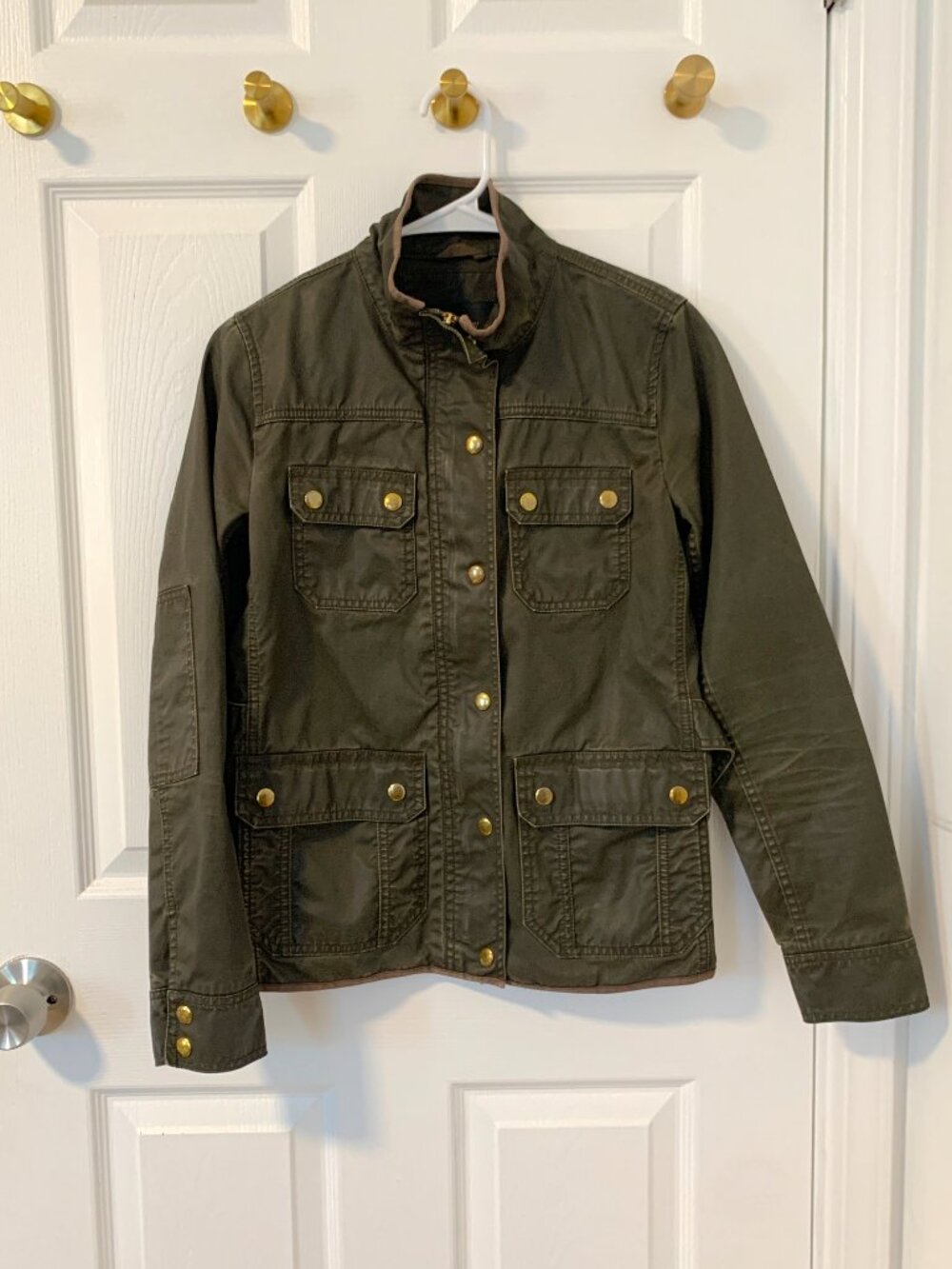 J.Crew Downtown Field Jacket Waxed Cotton Olive Green Gold Hardware XS